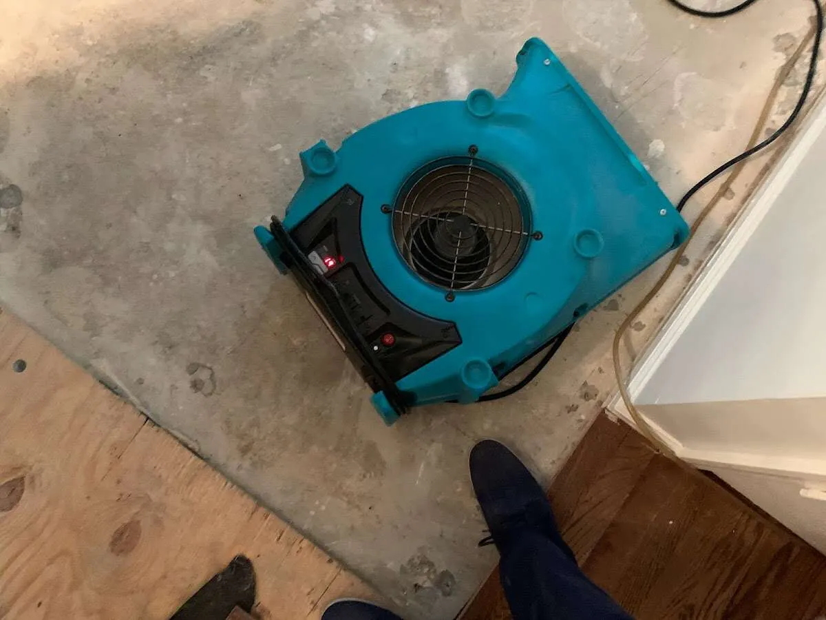 Air mover drying subfloor during Commercial Water Damage Restoration in Bryan